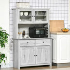 Kitchen Buffet Cabinet with Hutch, Glass Doors, 4 Shelves, and Open Microwave Countertop