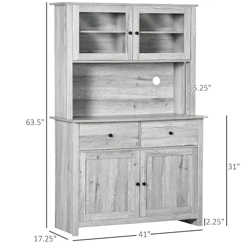Kitchen Buffet Cabinet with Hutch, Glass Doors, 4 Shelves, and Open Microwave Countertop