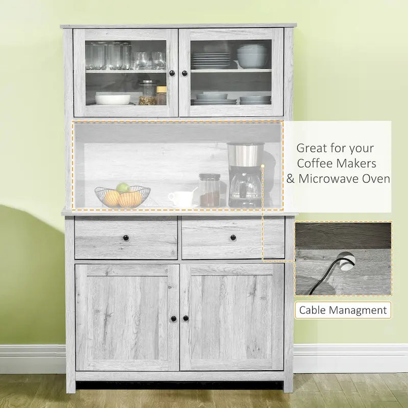 Kitchen Buffet Cabinet with Hutch, Glass Doors, 4 Shelves, and Open Microwave Countertop