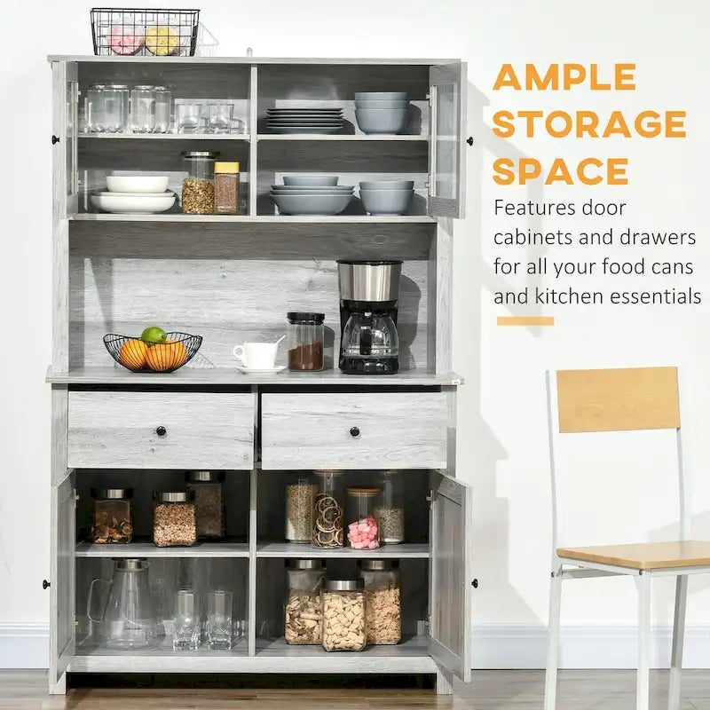 Kitchen Buffet Cabinet with Hutch, Glass Doors, 4 Shelves, and Open Microwave Countertop