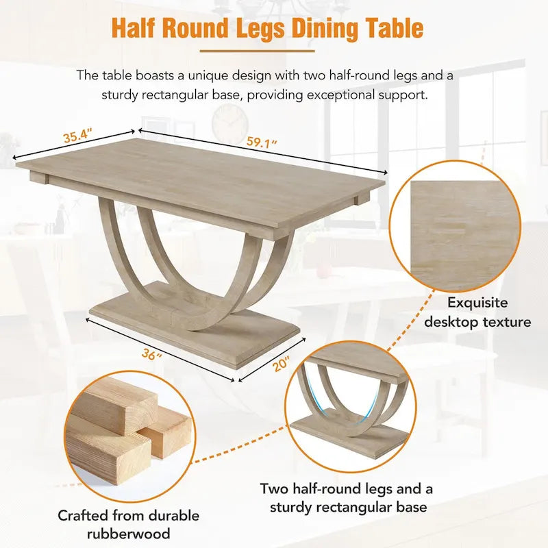 6-Piece Wood Half Round Dining Table Set Kitchen Table Set with Long Bench and 4 Dining Chairs, Modern Style, Gray