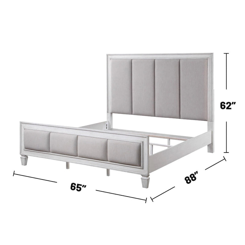 Linen Upholstered Bed in Light Gray and Weathered White