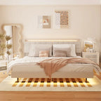 King Size Floating Bed with Headboard Storage and RGB LED Lights in Beige