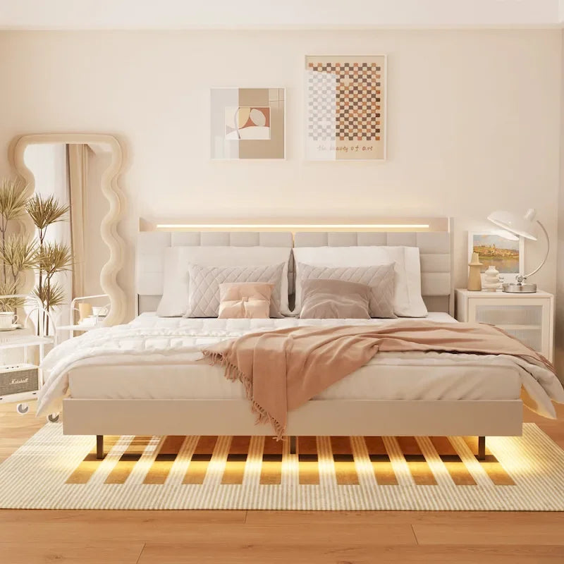 King Size Floating Bed with Headboard Storage and RGB LED Lights in Beige