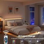 King Size Floating Bed with Headboard Storage and RGB LED Lights in Beige