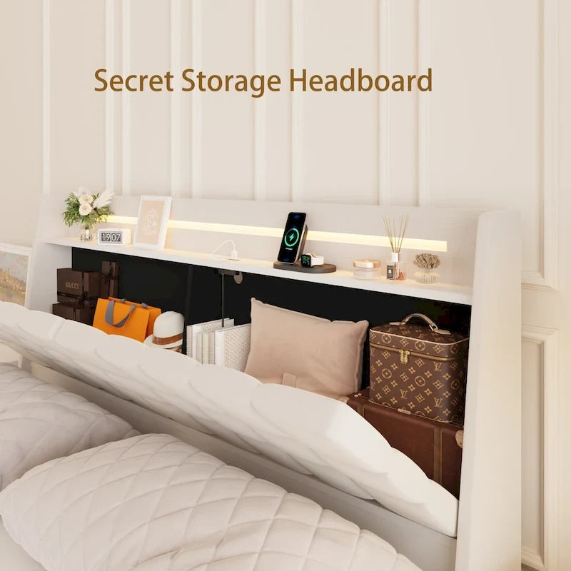 King Size Floating Bed with Headboard Storage and RGB LED Lights in Beige