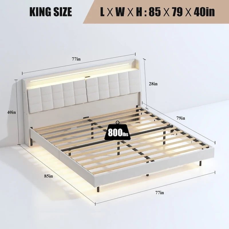 King Size Floating Bed with Headboard Storage and RGB LED Lights in Beige