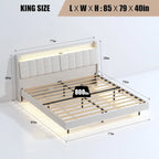 King Size Floating Bed with Headboard Storage and RGB LED Lights in Beige