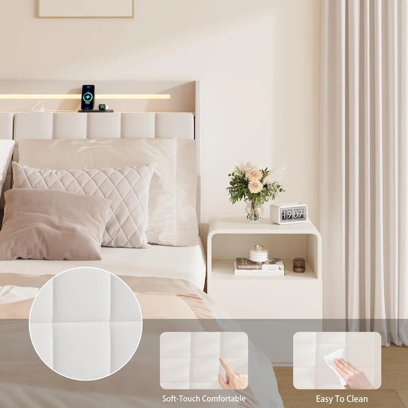 King Size Floating Bed with Headboard Storage and RGB LED Lights in Beige