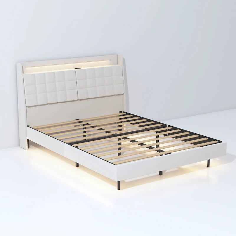King Size Floating Bed with Headboard Storage and RGB LED Lights in Beige